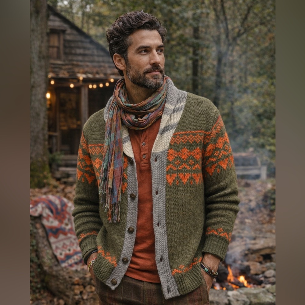 Men's Dude Shawl Collar Cardigan Sweater Retro Grandpa Large